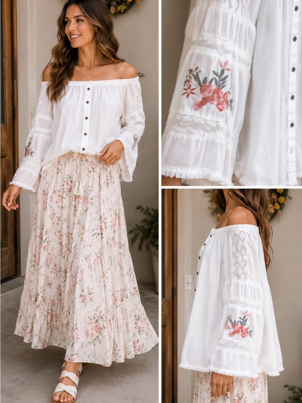 Ali Miles Floral Embroidered Lace Insert Peasant Blouse Off Shoulder Large💚